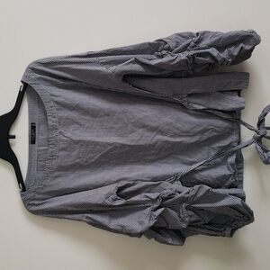 Max jeans gingham ruched sleeve top, waist tie, puff sleeve, black white, size L